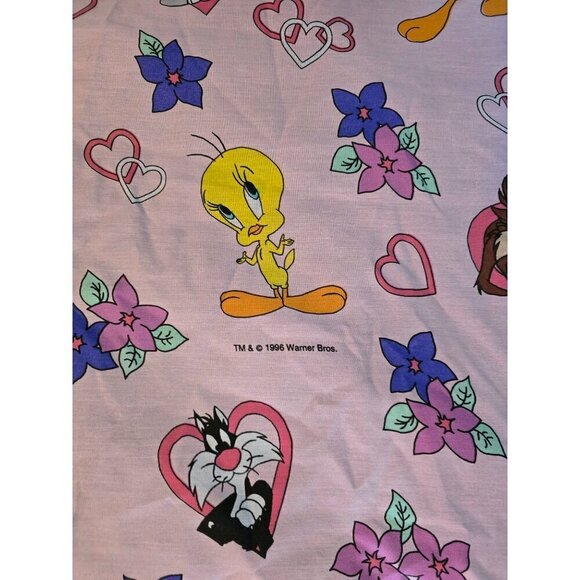 Vintage 90s 1996 Looney Tunes Pink Hearts Valentines Twin Sheet Set Tweety Tasma - Picture 9 of 16